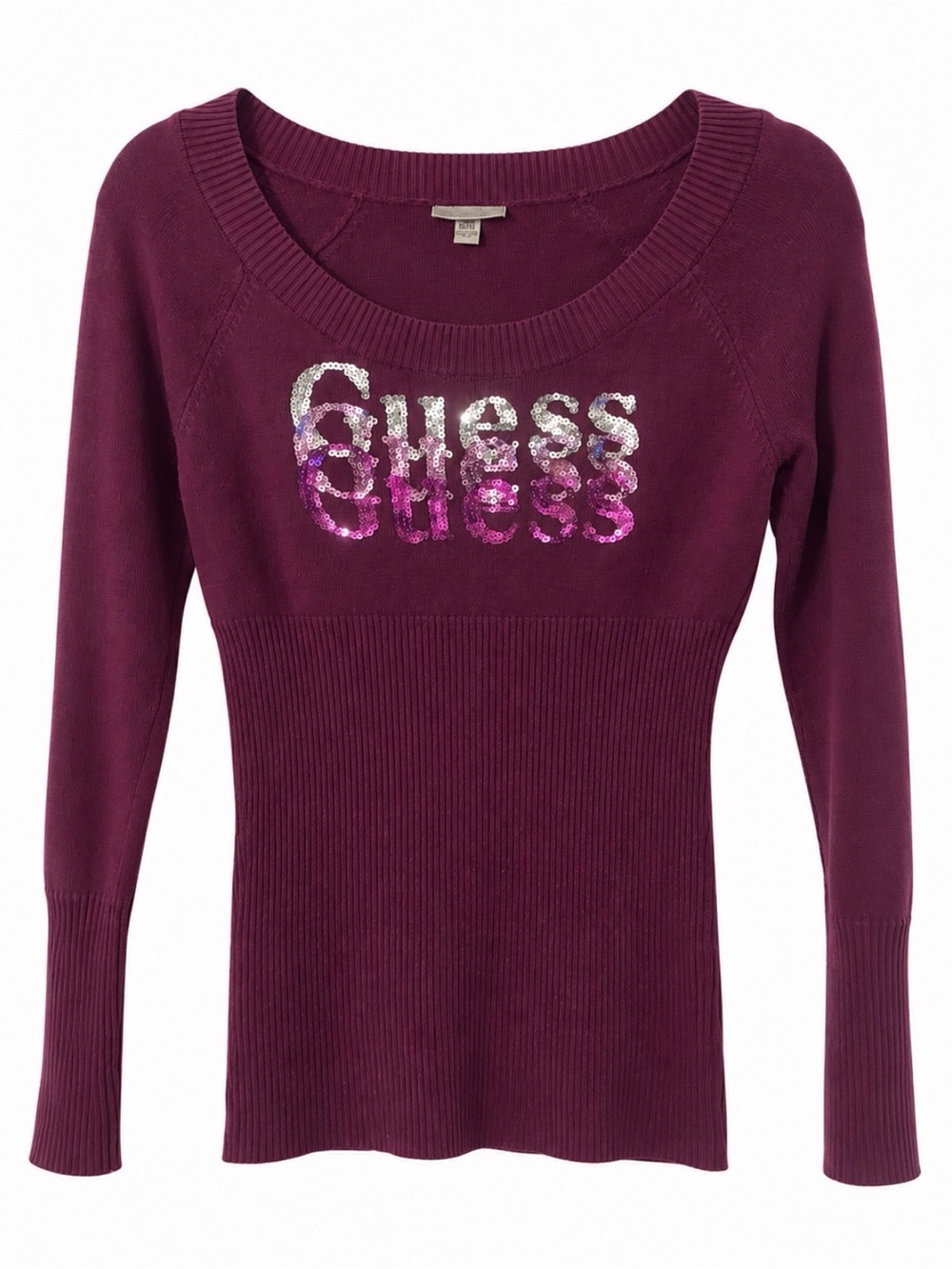 GUESS Plum Scoop Neck Sequin Logo Sweater